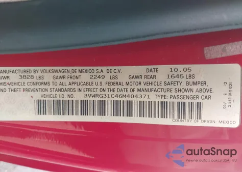 2006 Volkswagen New Beetle 2.5 from USA, damaged, VIN 3VWRG31C46M404371